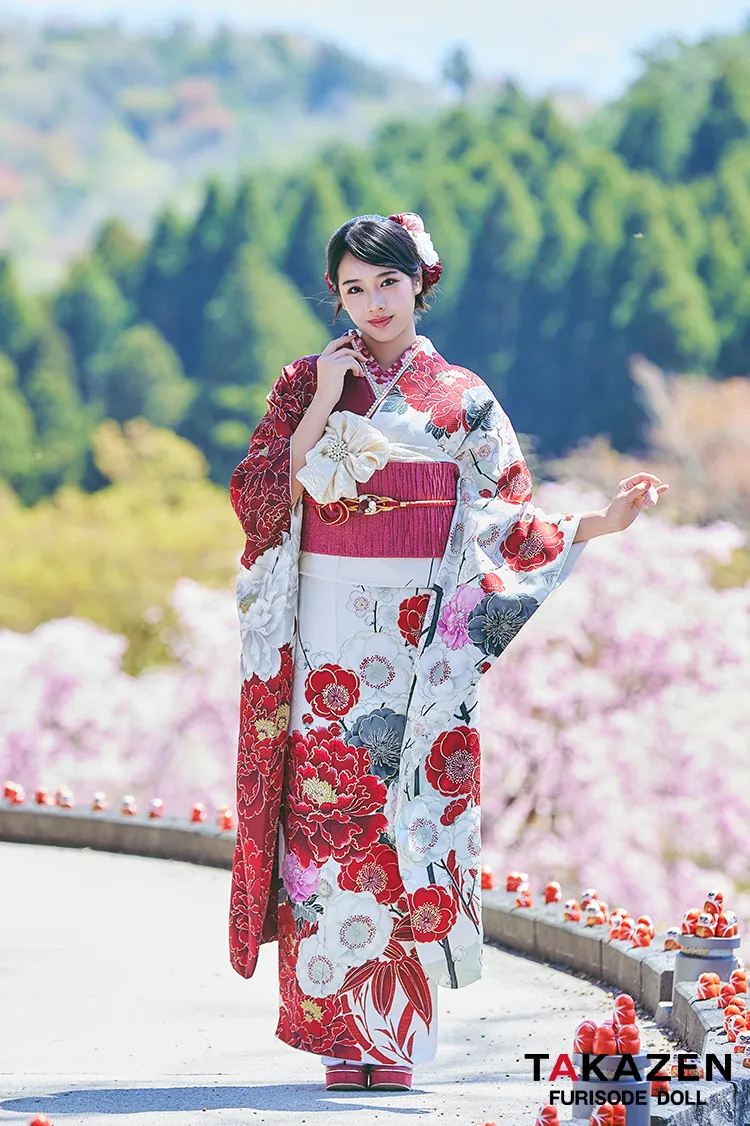 正統派古典振袖ネットレンタル　華徒然×吉木千沙都ブランド　白/赤/紅白　牡丹柄/梅柄　片身替わり　華やか　目立つ　天翔天音 　LB53