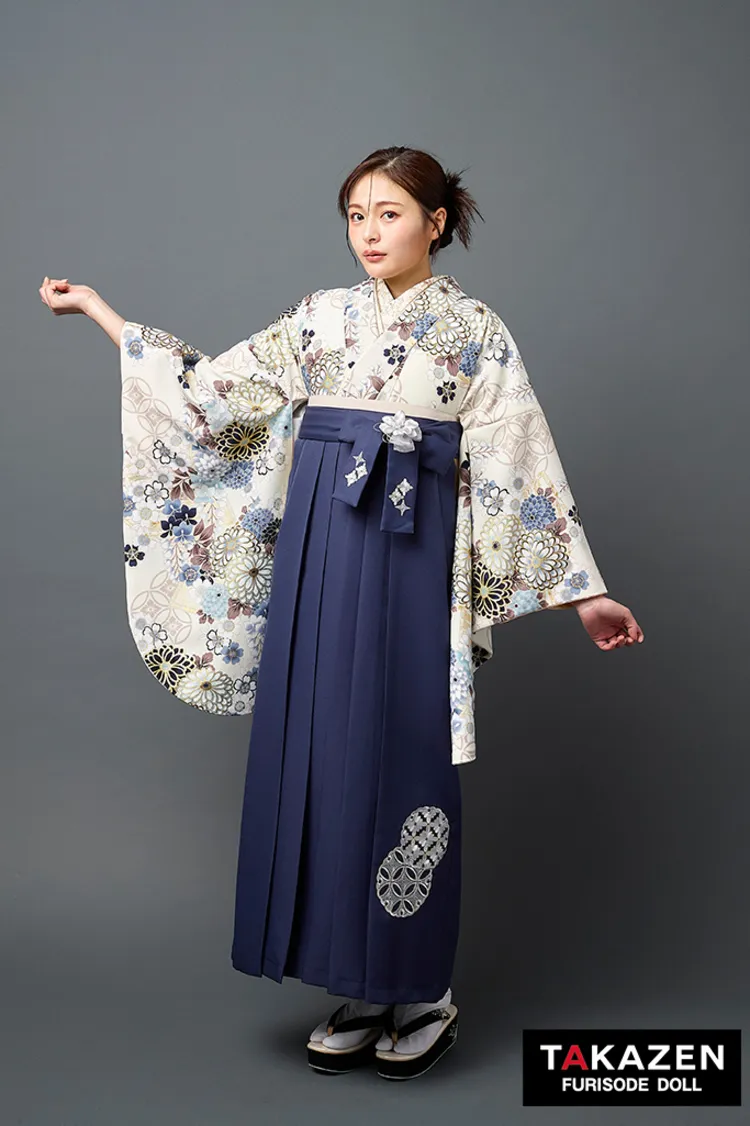くすみ古典袴ネットレンタル　クリーム/ネイビー　菊柄　大人かわいい　おしゃれ　きれいめ　R27048