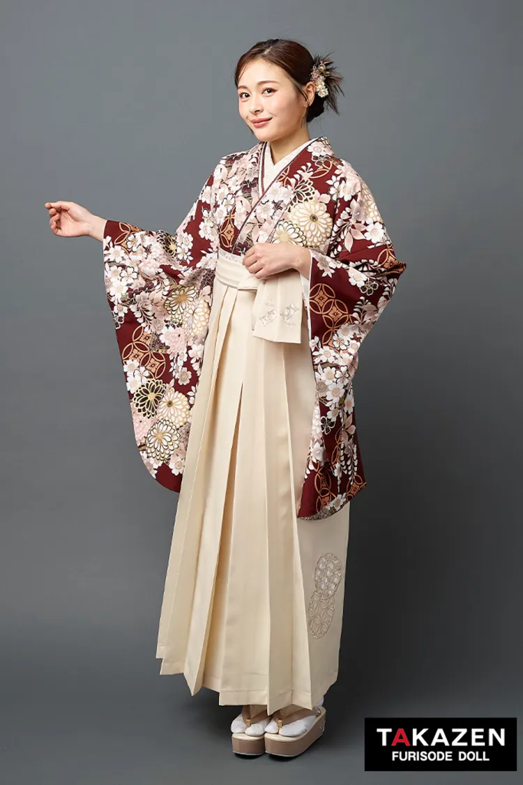 くすみ古典袴ネットレンタル　エンジ　菊柄　大人っぽい　きれいめ　清楚　柄小さめ　R27049