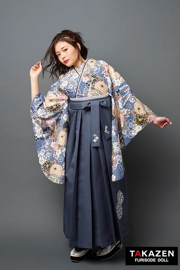 くすみ古典袴ネットレンタル　くすみブルー　菊柄　大人っぽい　きれいめ　清楚　透明感　上品　R27050