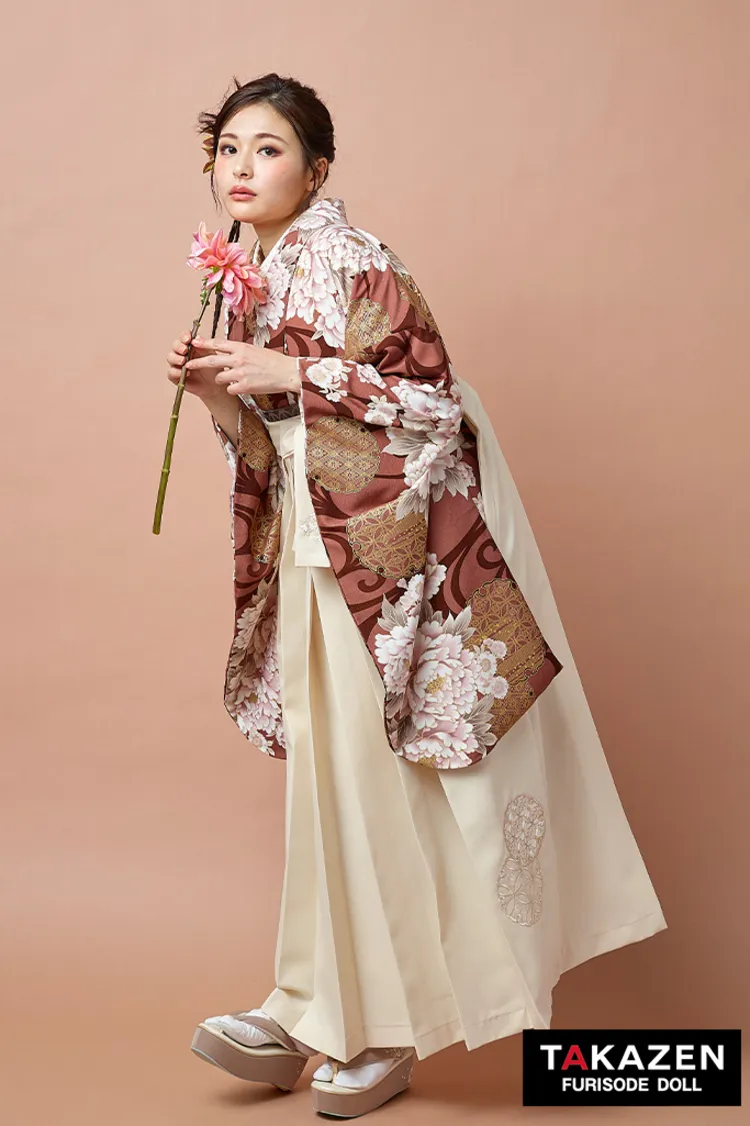くすみ古典袴ネットレンタル　サーモンピンク/薄ブラウン　牡丹柄　大人かわいい　きれいめ　清楚　上品　R27051
