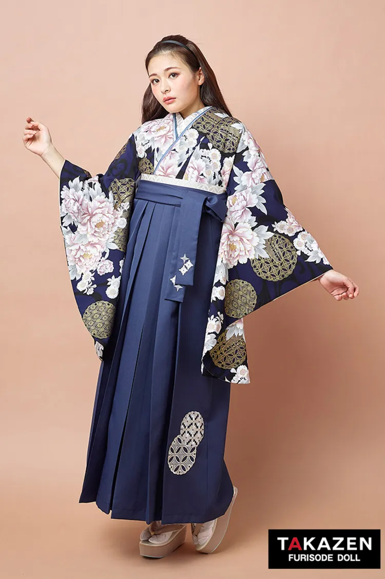 正統派古典袴ネットレンタル　紺色/ネイビー　牡丹柄　大人っぽい　清楚　上品　教員袴　R27053