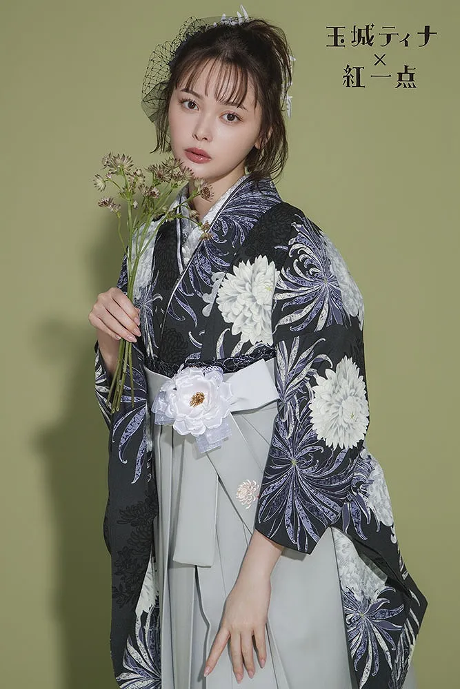 玉城ティナ×紅一点最新作振袖ネットレンタル　正統派古典　チャコール/グレー　菊柄　清楚　綺麗　寒色系　ブルべさんにおすすめ　R26067