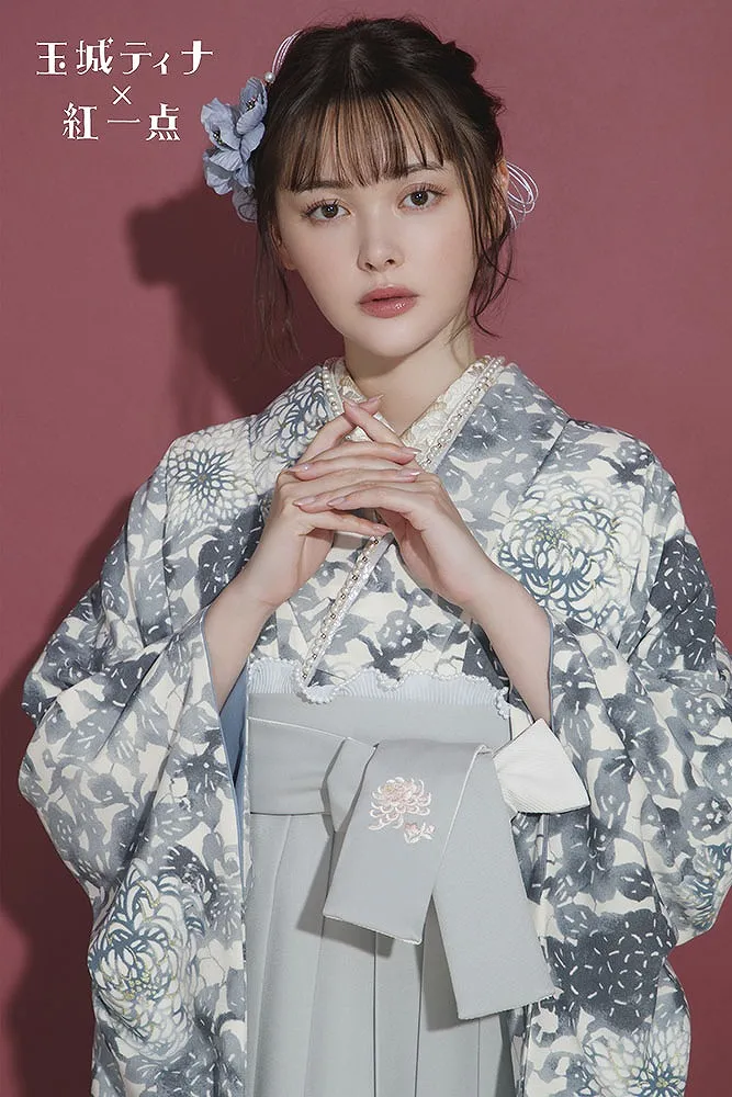 玉城ティナ×紅一点最新作振袖ネットレンタル　正統派古典　グレー/水色　菊柄　寒色系　清楚系　ブルべさんにおすすめ　R26068