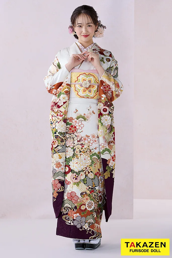 正統派古典　白/エンジ　貝桶柄/菊柄　上品　大人っぽい　清楚な振袖　おしとやか　天翔愛　26076