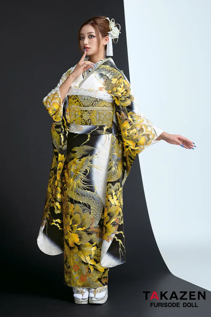 ジャパンモード　白/黒/ゴールド(金色)　本物龍柄　一番目立つ　渋い振袖　かっこいい　極妻風　キラキラスワロフスキー付き　中村りおん　32135