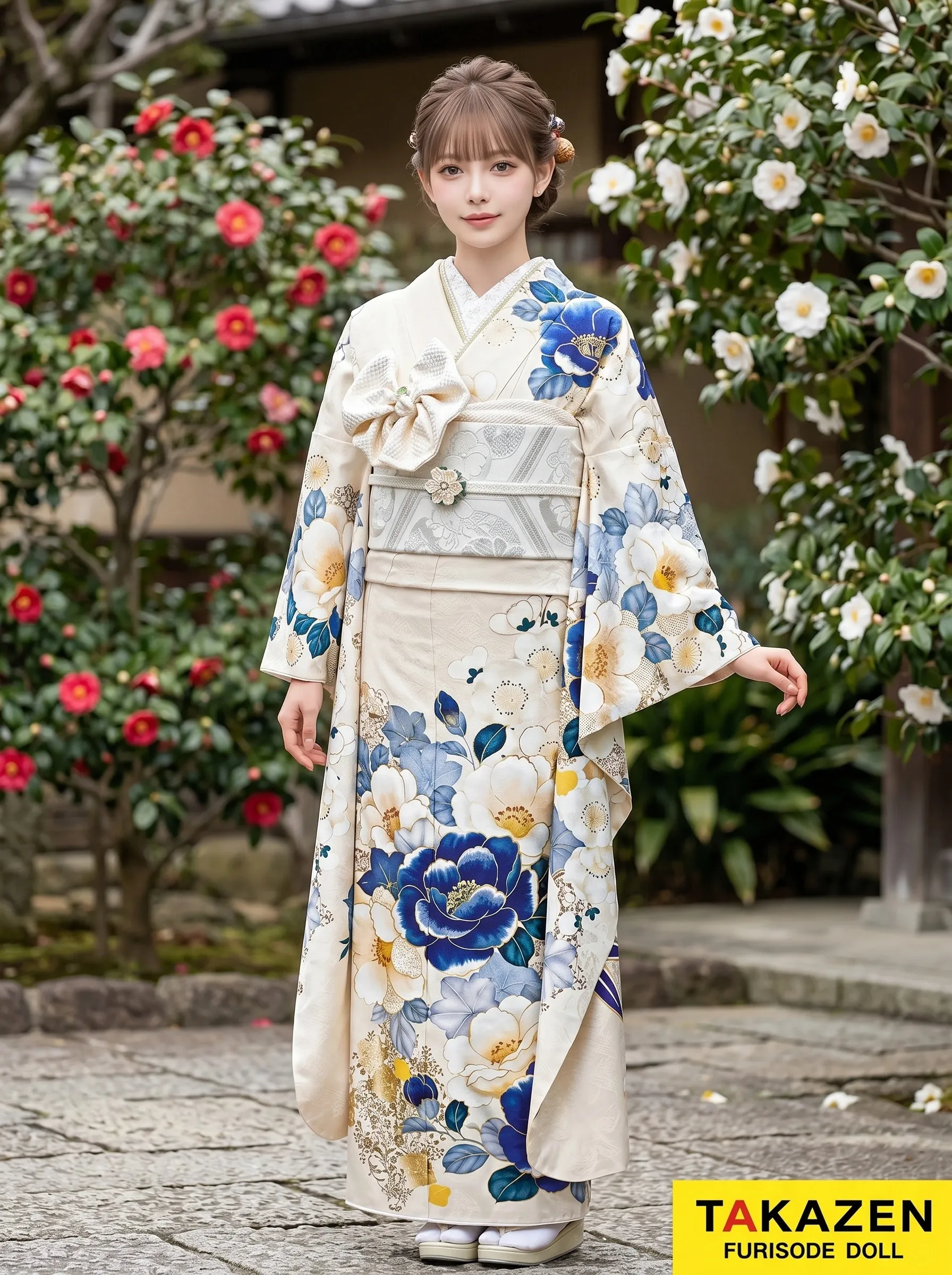 正統派古典　クリーム/青　椿柄　上品　寒色系　かわいい　統一感のある着こなし　25067