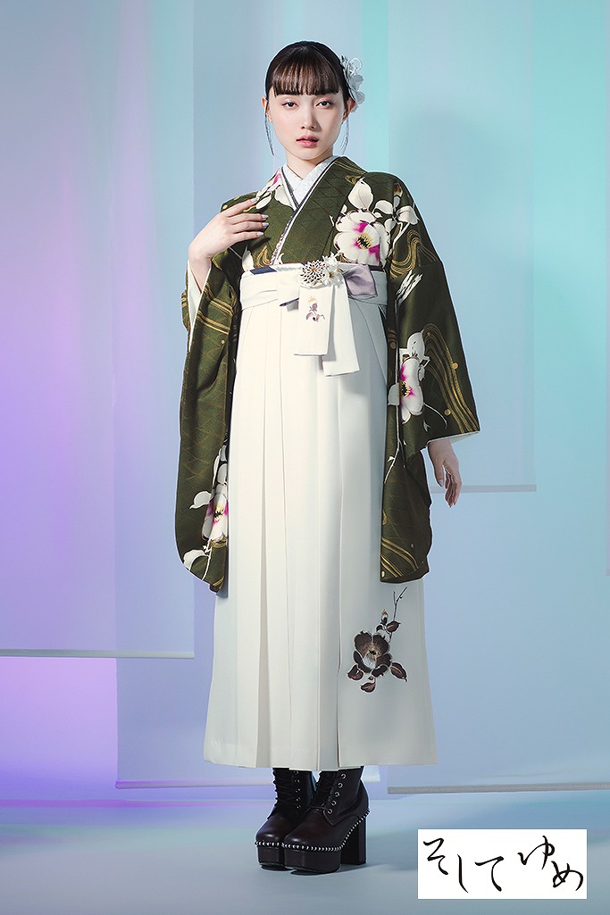 正統派古典　モスグリーン/深緑　花柄/水門柄　おとなっぽい　おしとやか　ブーツスタイル　そしてゆめ袴ネットレンタル　K24063