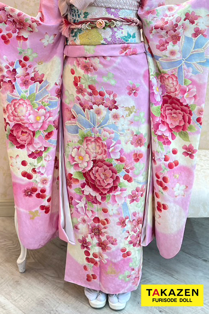 松田聖子ブランドキュートガーリー　ピンク　リボン柄/バラ柄　安い　かわいい　華やか　可愛い振袖ネットレンタル　ゆるふわ　M9