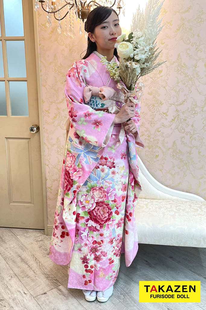 松田聖子ブランドキュートガーリー　ピンク　リボン柄/バラ柄　安い　かわいい　華やか　可愛い振袖ネットレンタル　ゆるふわ　M9
