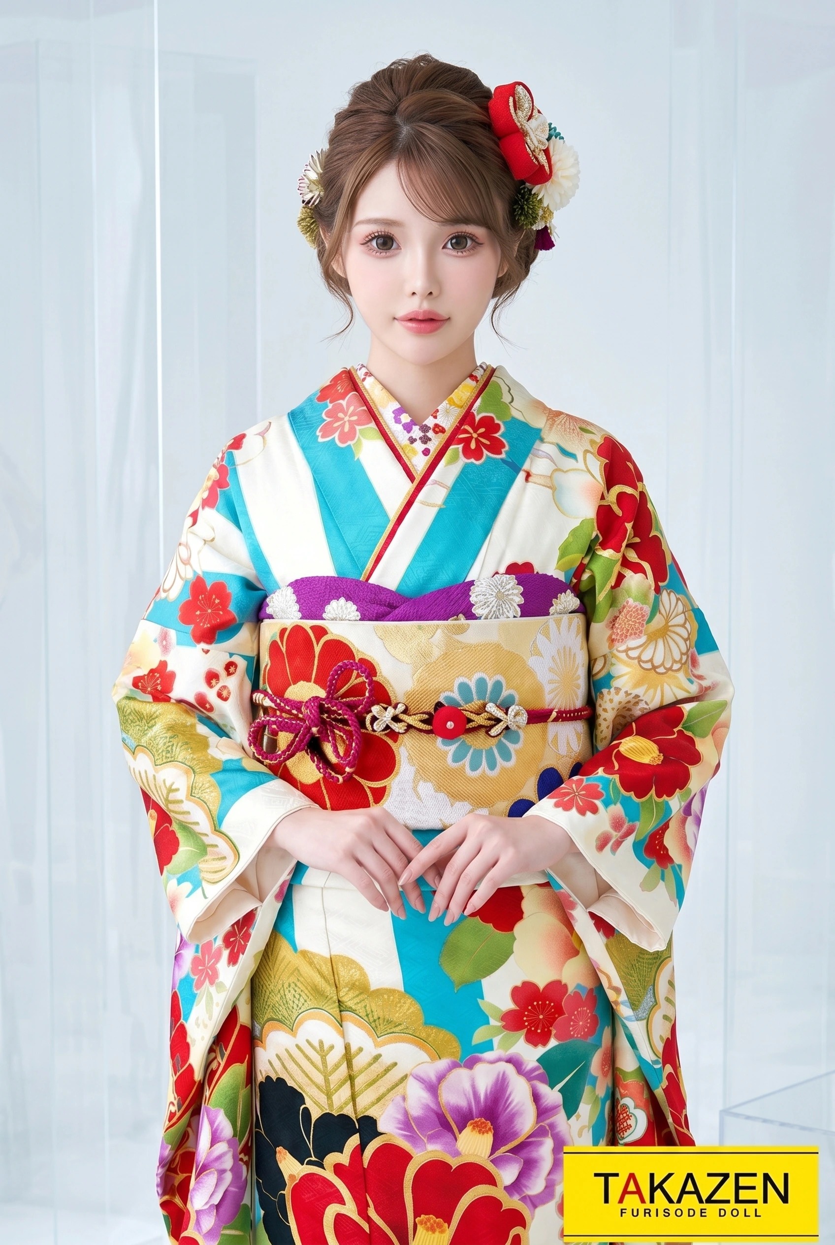 【3着まとめ売り】振袖レトロポップ柄＊洗える着物＊ポリエステル＊美品 振袖フルセット 振袖セット 振袖 L〜LLサイズ 黄色×レトロポップ 美品