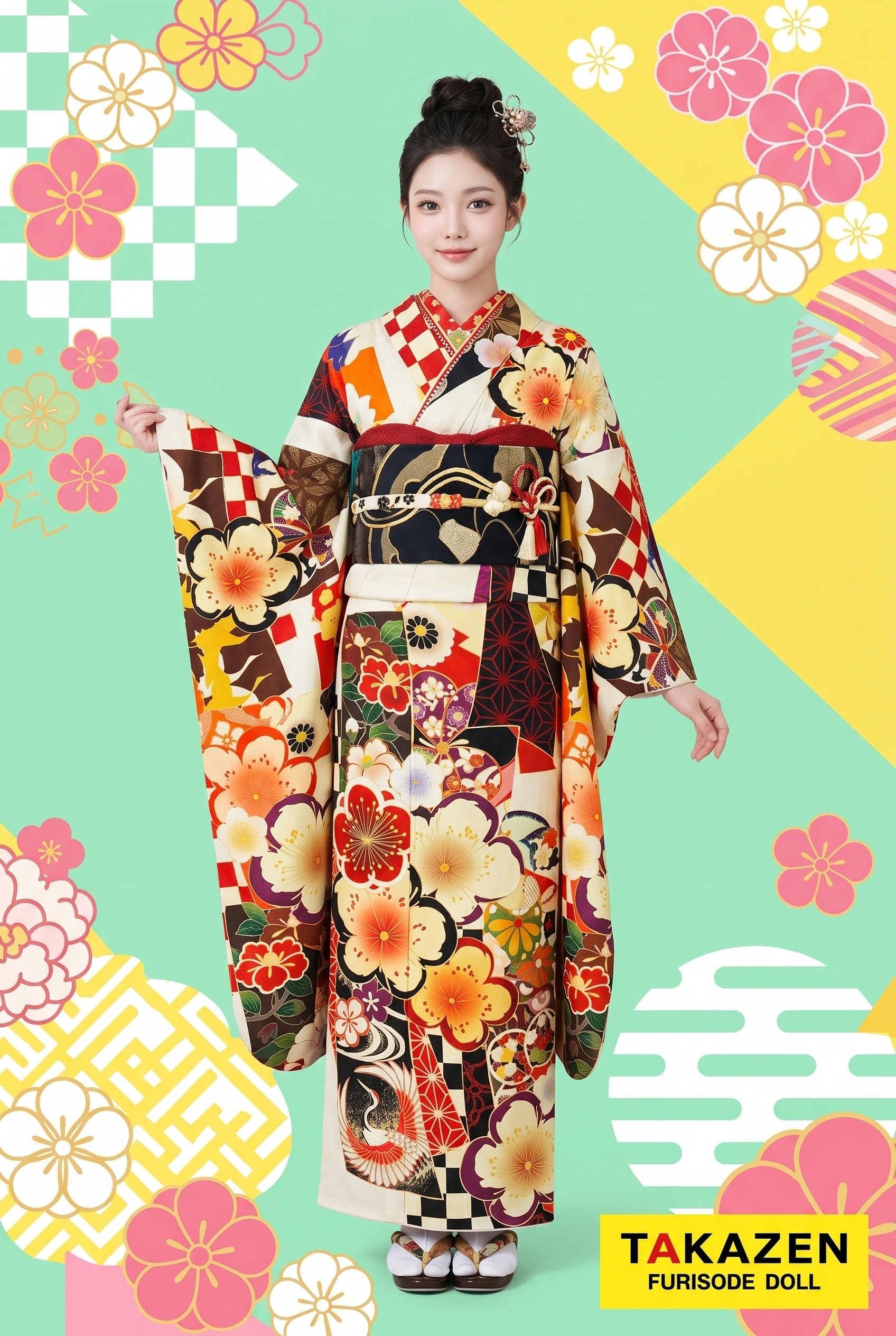 特別価格！レトロ古典　白/赤/白地　梅柄/毬柄　華やか　目立つ色使い　ポップ　破格値振袖ネットレンタル　M3