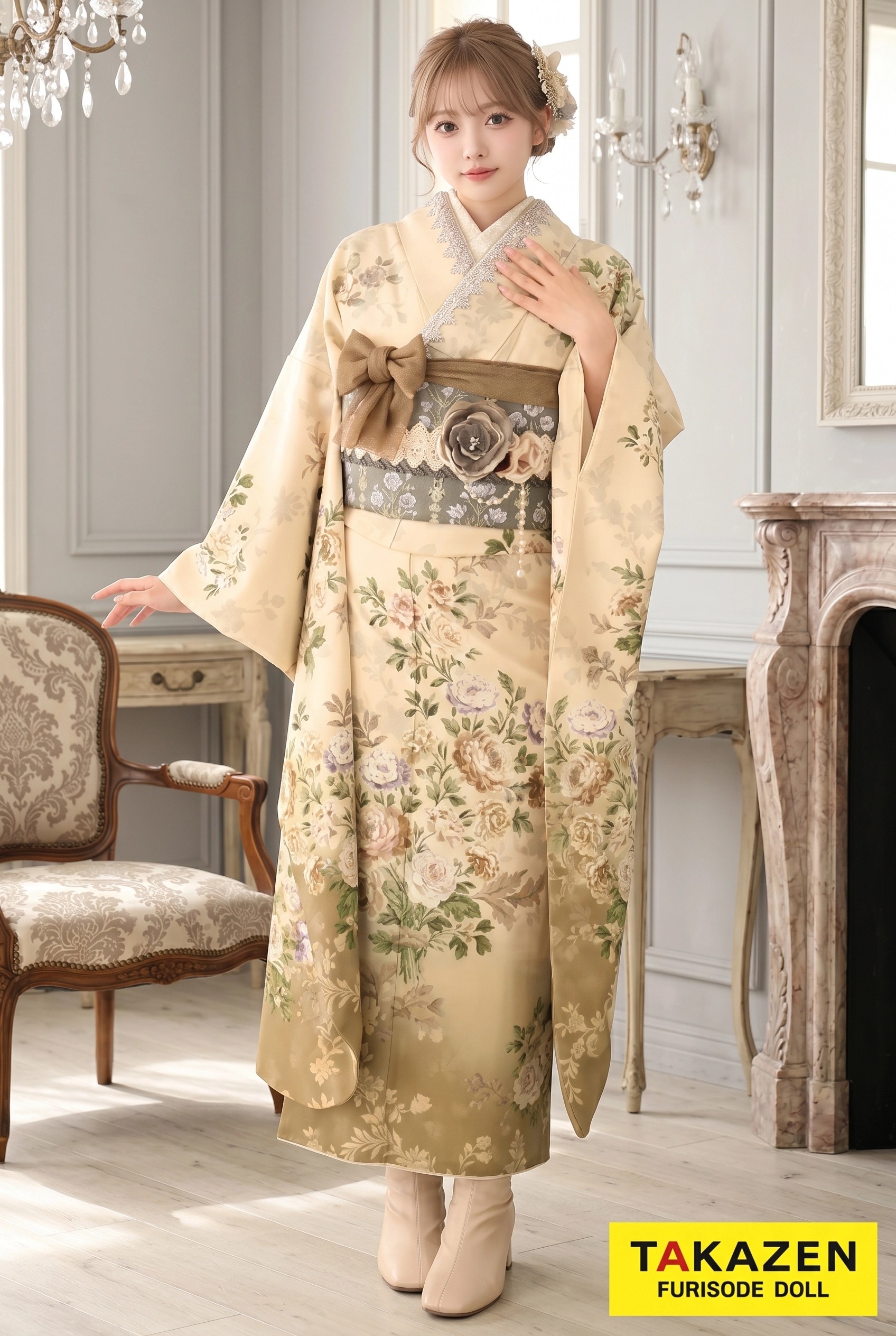 JILLSTUART(ジルスチュアート)振袖ネットレンタル　アイボリー　花柄　人気　かわいい　流行り　ブーツスタイル　K625