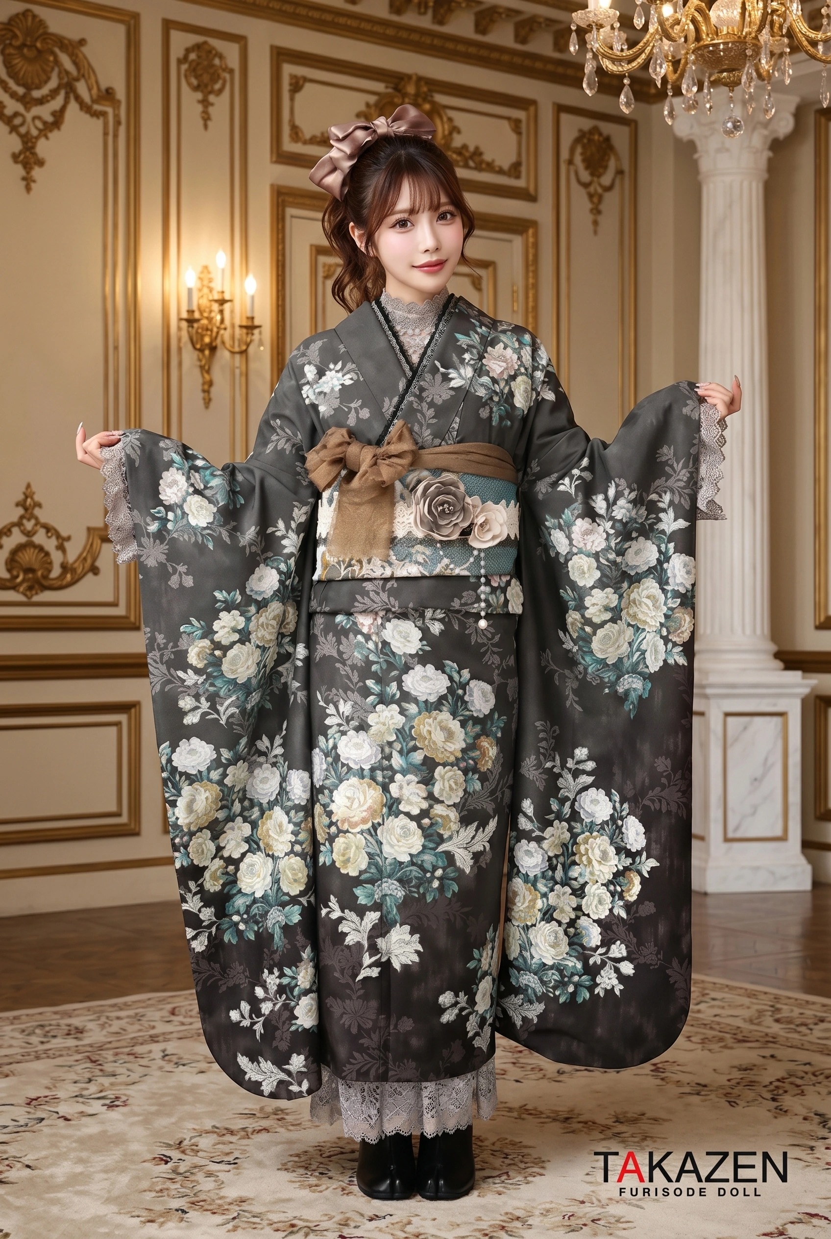 キュートガーリー　グレー　薔薇柄/柄小さめ　ジルスチュアートブランド振袖(JILLSTUART)　レース小物コーデ　G56