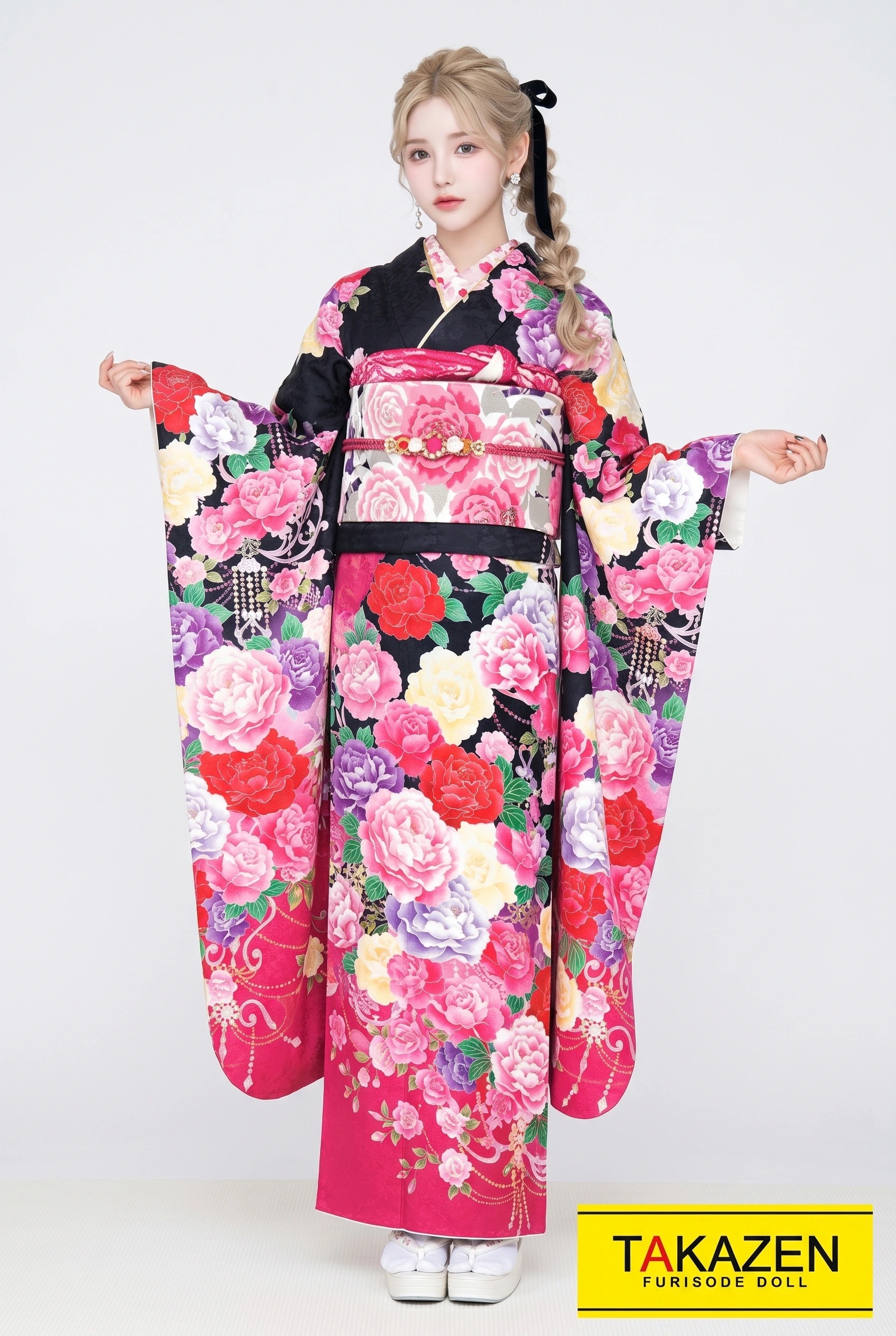 激安キュートガーリー　黒ピンク　バラ柄　病みかわいい　地雷系　可愛い振袖ネットレンタル　ゆるふわ　32168