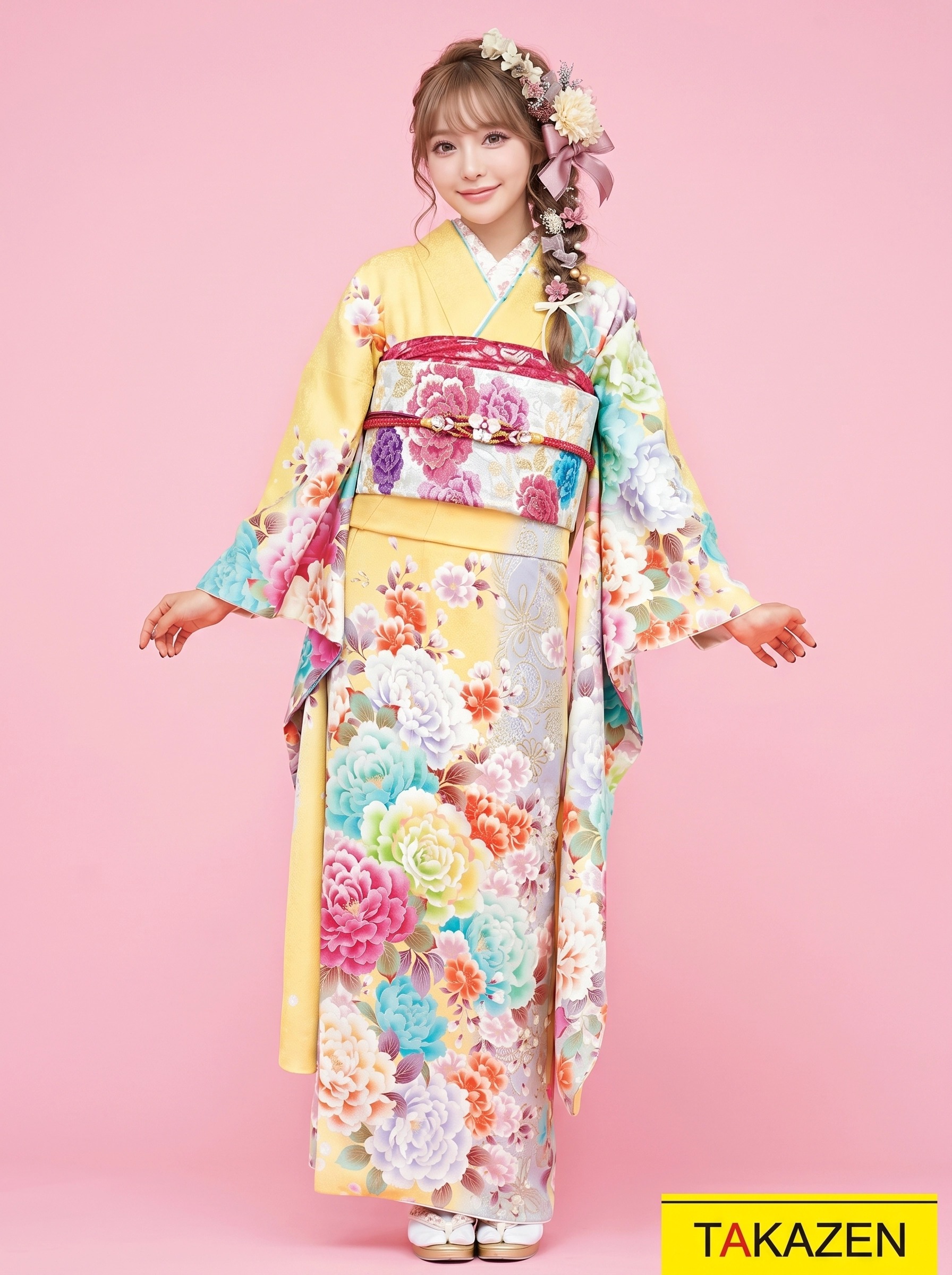 安くてかわいいキュート系　黄色/水色/パステルカラー　ゆるふわ　　量産型　ラブリー　かわいい振袖ネットレンタル　32167
