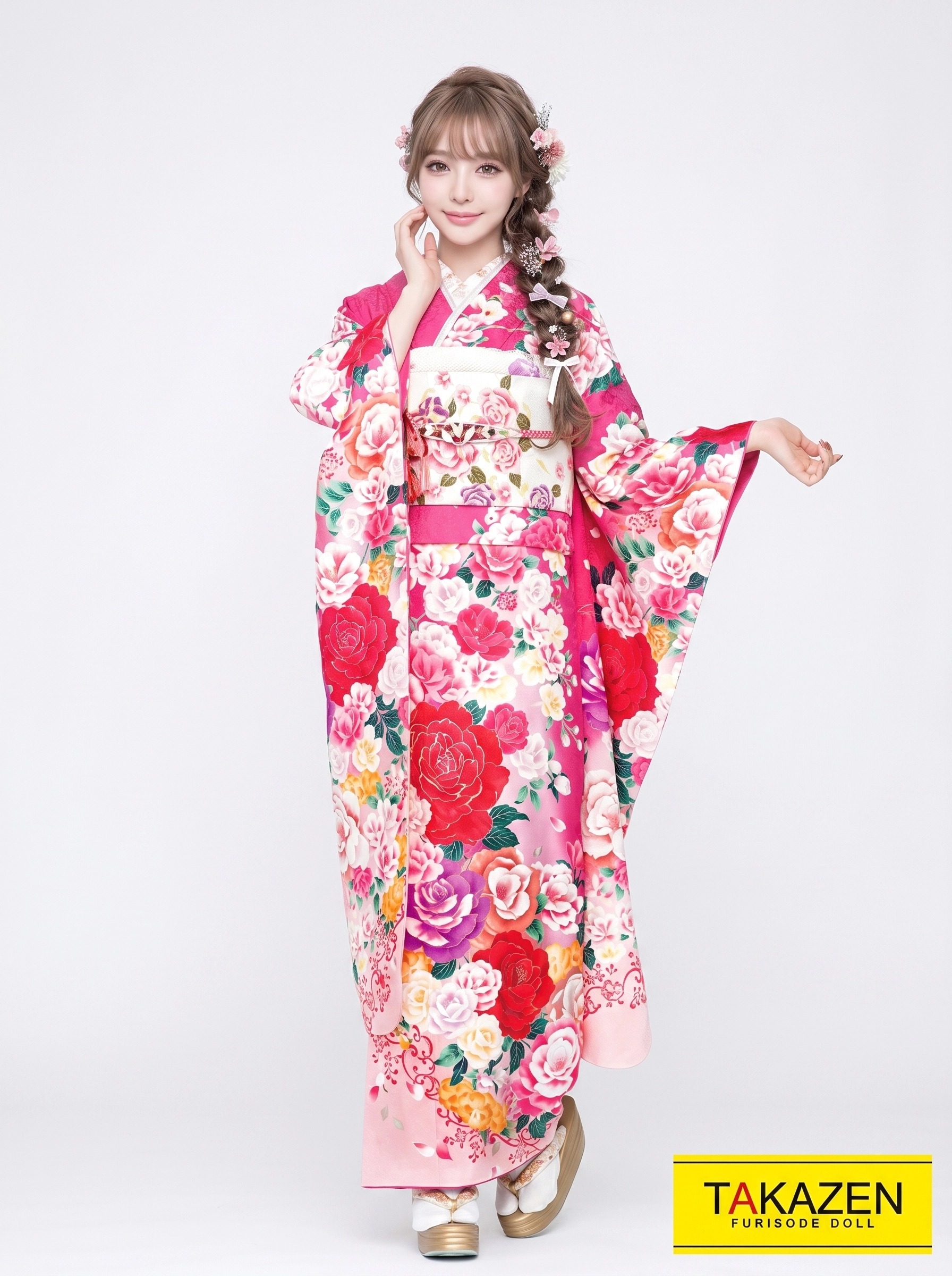 格安キュートガーリー　ピンク　薔薇柄　ゆめかわいい　華やか　ラブリー　かわいい　姫系　リズリサ好きにおすすめの振袖ネットレンタル　32166