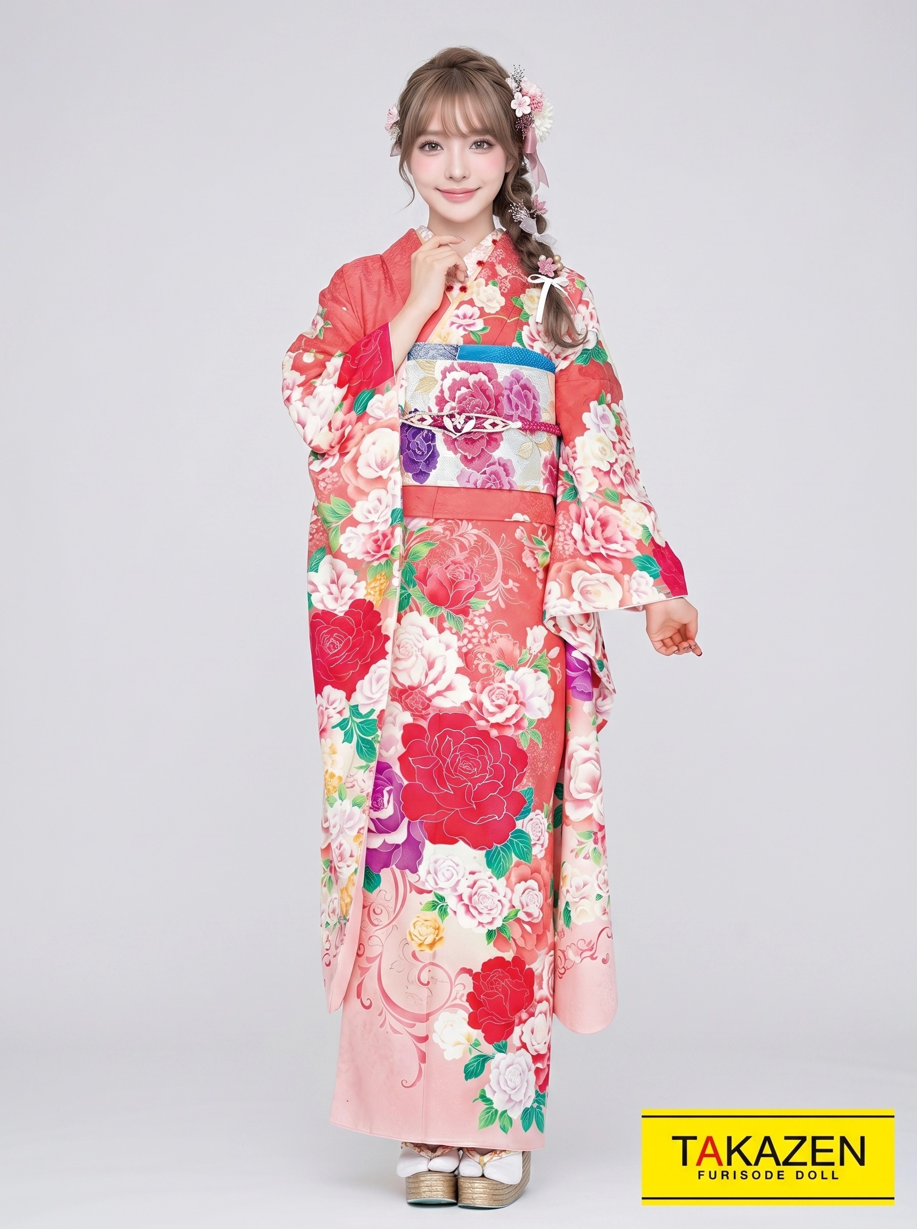 激安かわいいキュート系　サーモンピンク/パステルカラー　薔薇柄　あざとい　華やか　量産型　リズリサ好きにおすすめの振袖ネットレンタル　32164