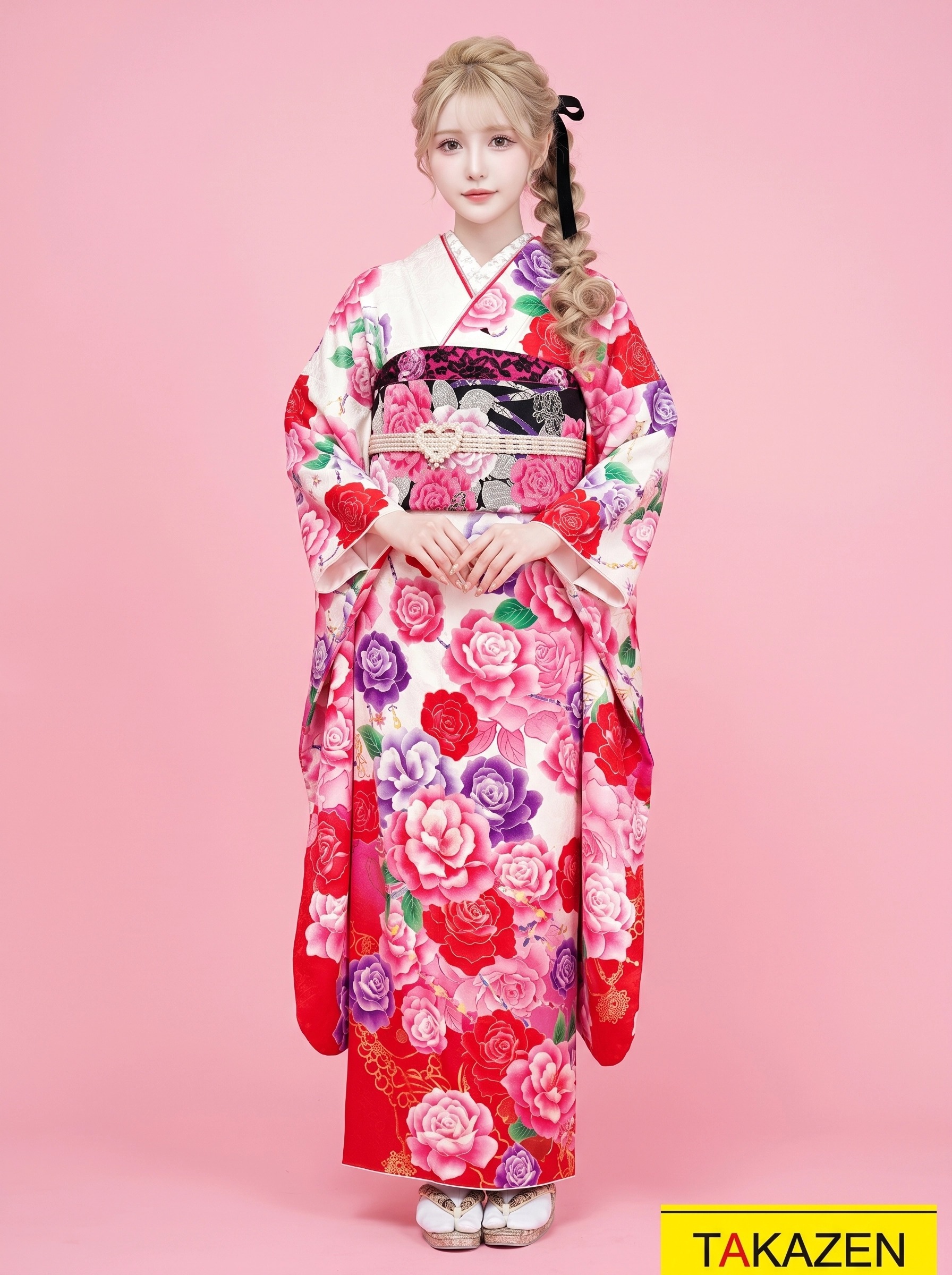 格安キュートガーリー　白/ピンク/赤　薔薇柄　量産型　かわいい　ゆるふわ　　地雷系振袖ネットレンタル　32163