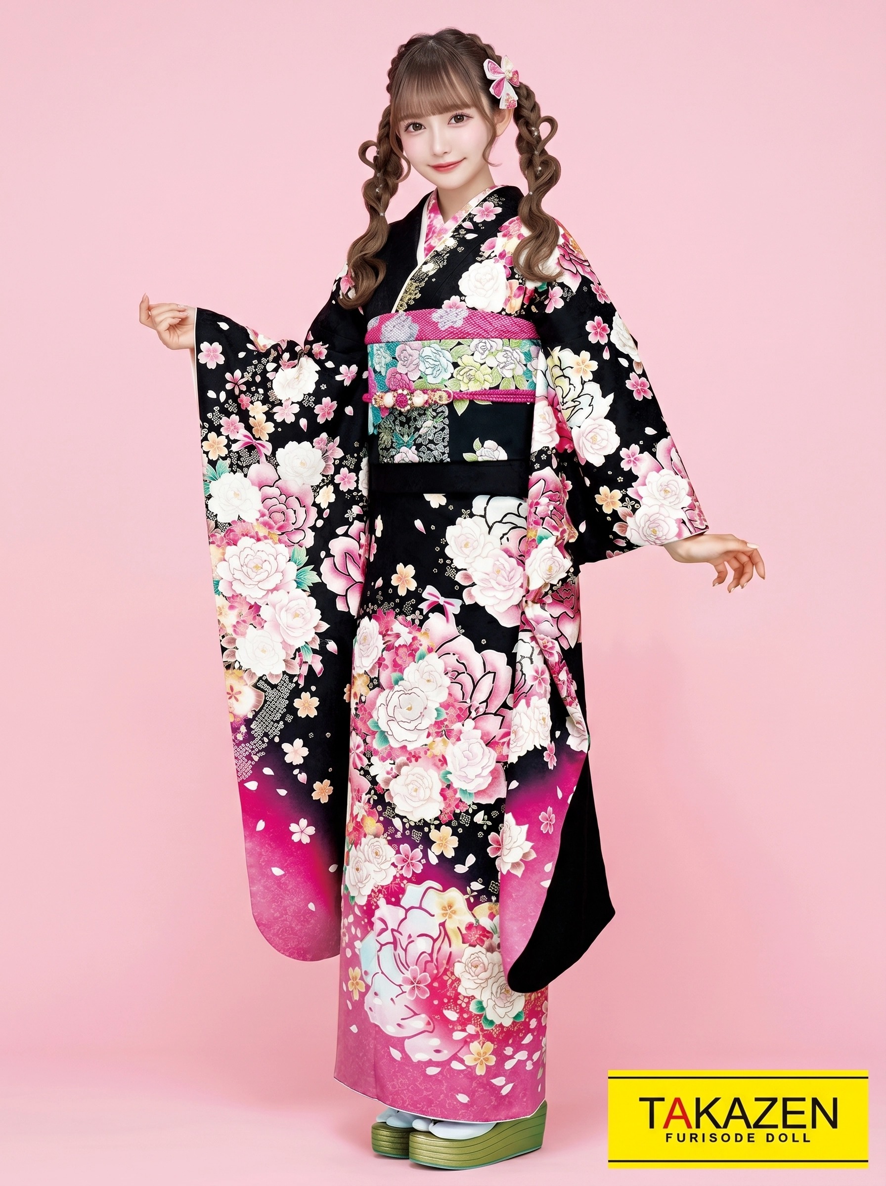 格安キュートガーリー　黒/ピンク　量産柄　バラ柄　ゆめかわいい　地雷系　ラブリー　リズリサ好きにおすすめの振袖ネットレンタル　　32162