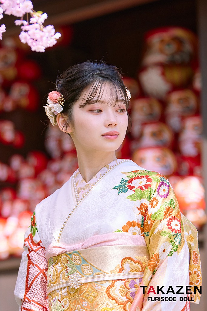 プレミアム古典　吉澤織物/最高級染繍桶絞り友禅　ピンク/白/金　菊柄/吉祥文様　白地　清楚振袖ネットレンタル　南琴奈　LB31