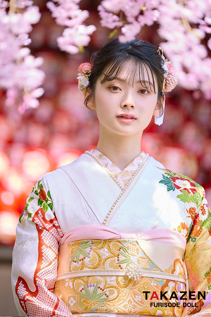 プレミアム古典　吉澤織物/最高級染繍桶絞り友禅　ピンク/白/金　菊柄/吉祥文様　白地　清楚振袖ネットレンタル　南琴奈　LB31