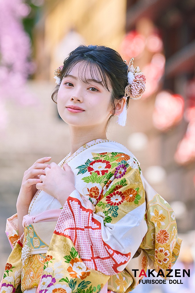 プレミアム古典　吉澤織物/最高級染繍桶絞り友禅　ピンク/白/金　菊柄/吉祥文様　白地　清楚振袖ネットレンタル　南琴奈　LB31