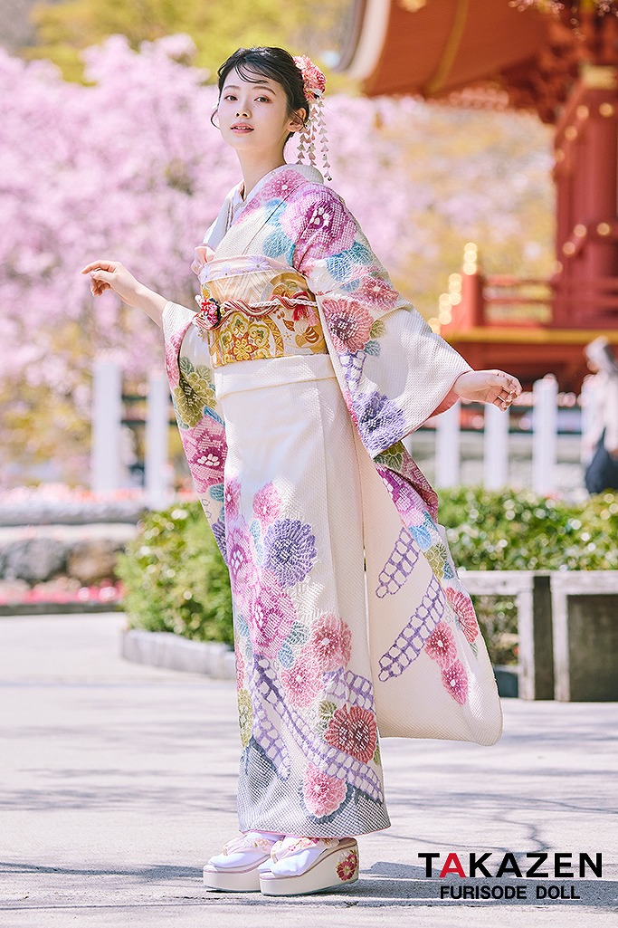 最上級“藤娘きぬたや”　白/ピンク　藤の花　総絞り振袖ネットレンタル　百貨店価格振袖表地単品100万円　南琴奈　LB32