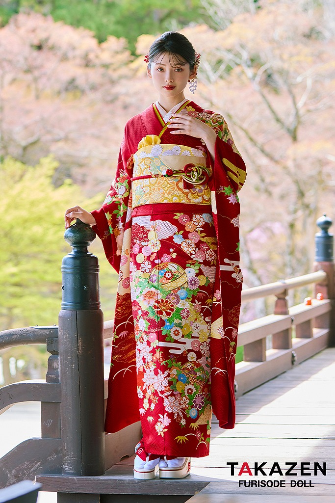 プレミアム古典　赤　吉澤織物/最高級金彩手描友禅　柄小さめ　清楚　南琴奈　王道古典柄振袖ネットレンタル　LB36