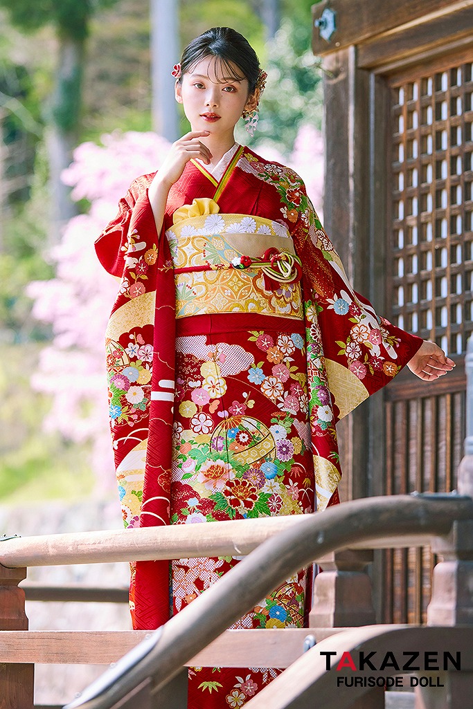 プレミアム古典　赤　吉澤織物/最高級金彩手描友禅　柄小さめ　清楚　南琴奈　王道古典柄振袖ネットレンタル　LB36