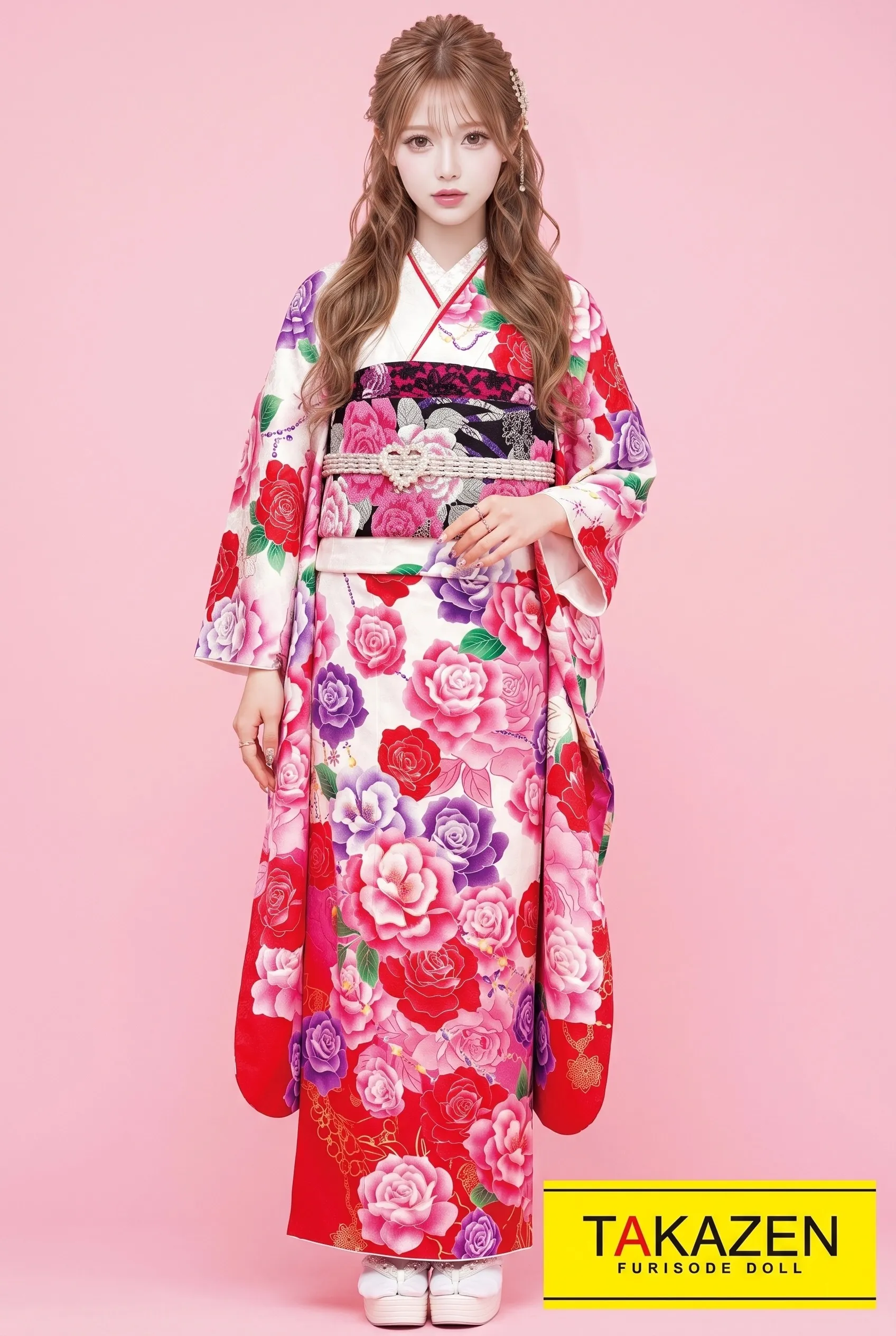 格安キュートガーリー　白/ピンク/赤　薔薇柄　量産型　かわいい　ゆるふわ　　地雷系振袖ネットレンタル　32163