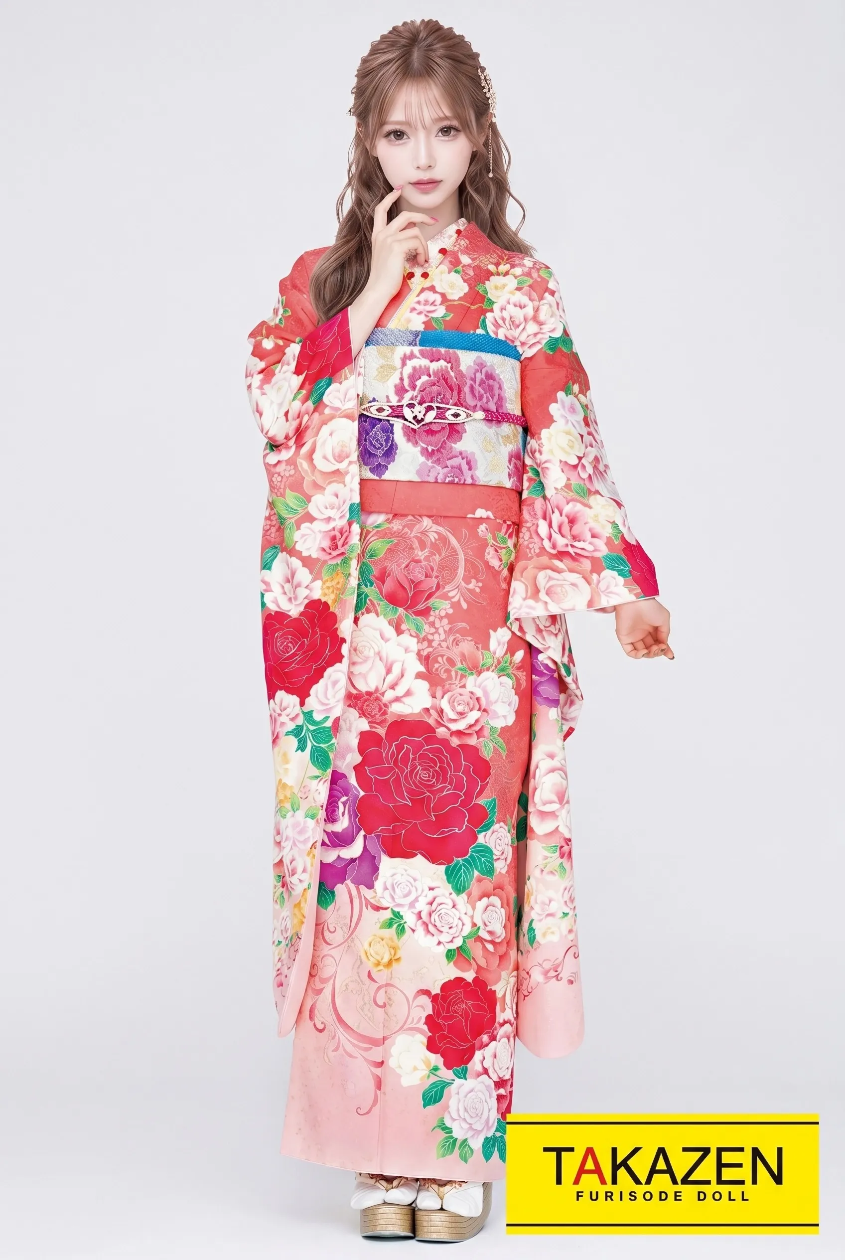 激安かわいいキュート系　サーモンピンク/パステルカラー　薔薇柄　あざとい　華やか　量産型　リズリサ好きにおすすめの振袖ネットレンタル　32164