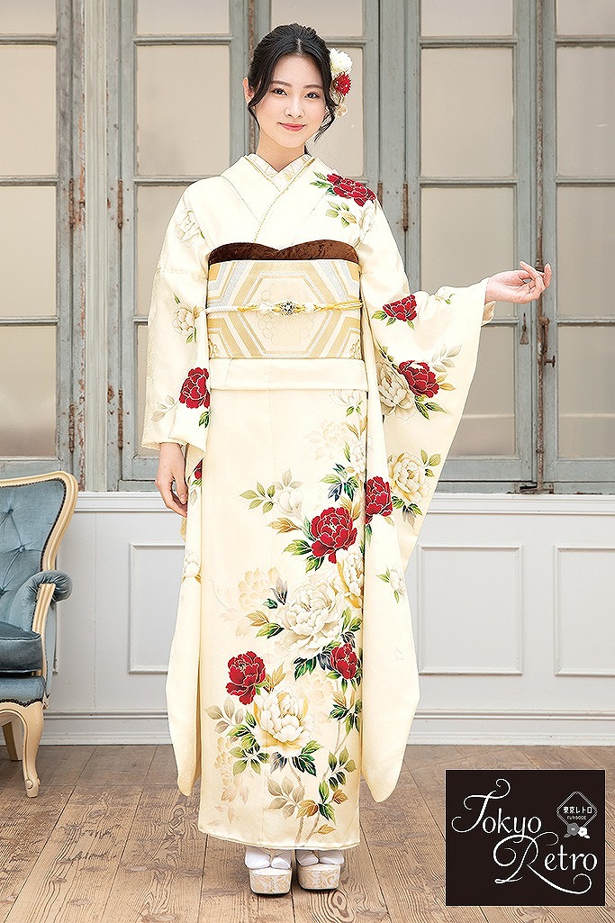 ギフト 牡丹花柄☆アンテーク振袖着物☆白と黒系 レトロ着物