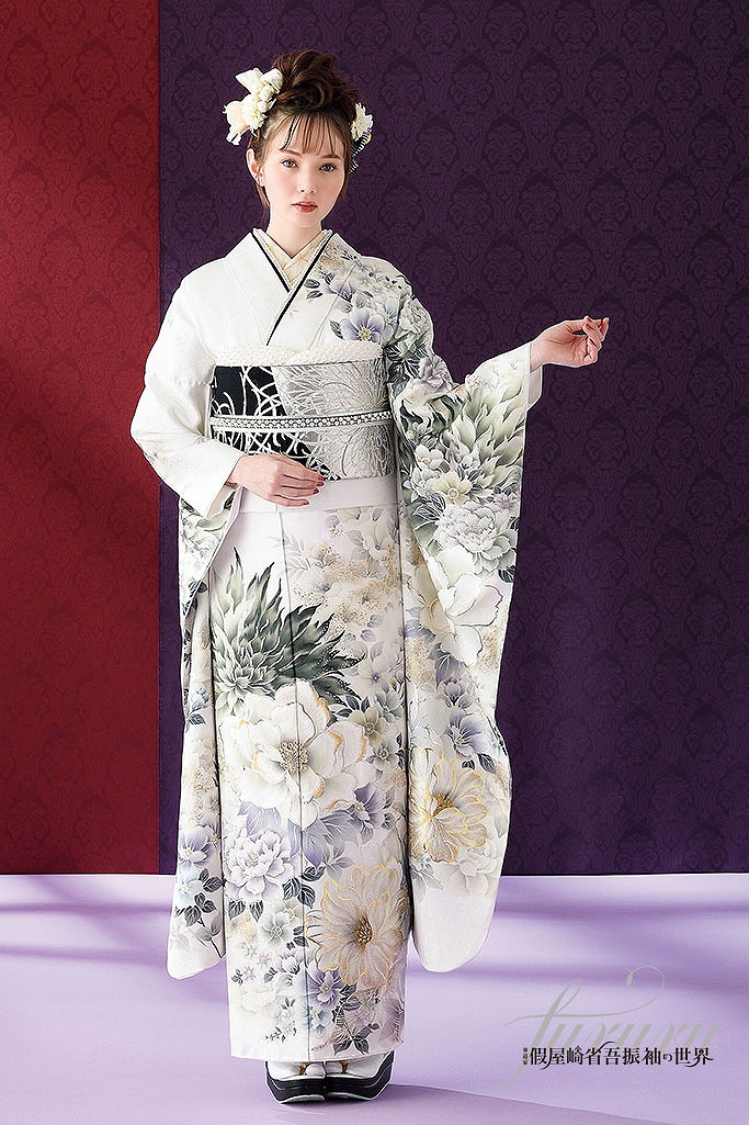 正統派古典　ネイビー/紺　椿柄/すっきり柄　大人っぽい　上品　綺麗　弓ライカ　統一感のある着こなし振袖ネットレンタル　K1056