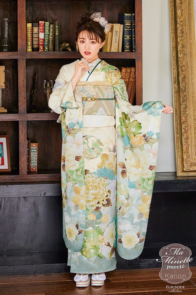 くすみカラー古典　水色/くすみブルー/白　乱菊柄　清楚系　寒色　爽やか　統一感のある着こなし　香音ちゃん着用振袖　K757