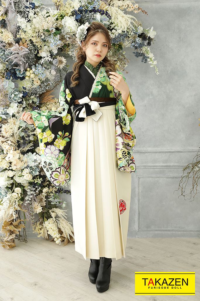 正統派古典　　グリーン(緑色)/黄　古典柄　個性的　今田美桜　袴ネットレンタル　華やか　上品　　K22039