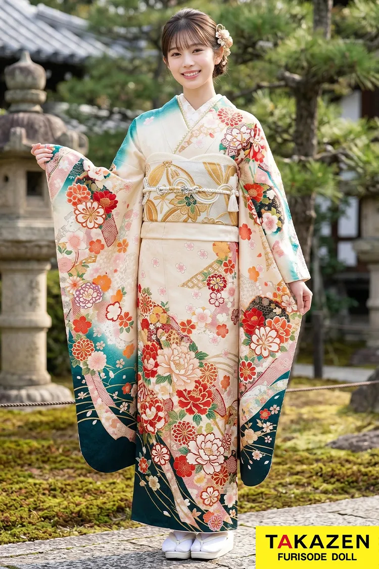 安い！正統派古典　白/グリーン(緑色)　ボタン柄　綺麗　グラデージョン　振袖　上品振袖　格安価格振袖ネットレンタル　32174