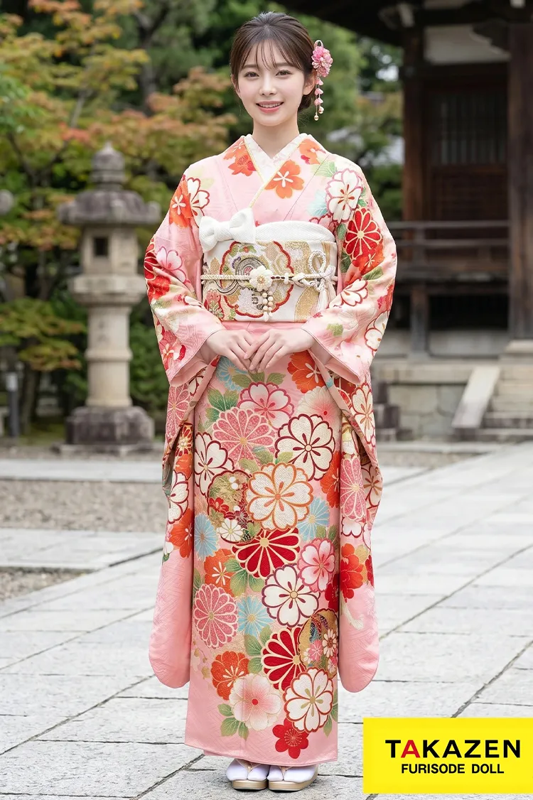 激安正統派古典　ピンク/水色　桜柄　かわいい　ポップ　華やか　レトロ古典　格安振袖ネットレンタル　M8