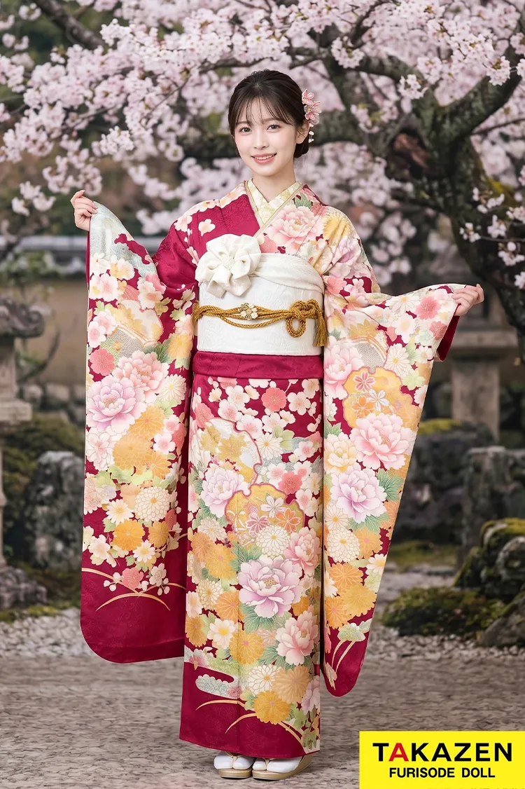 格安正統派古典振袖ネットレンタル　ワインレッド　桜柄/牡丹柄　かわいい　上品　華やか　珍しい色　M30