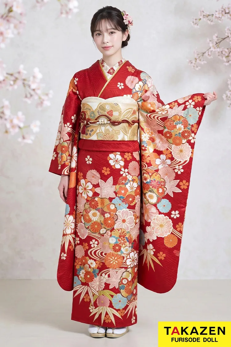 格安正統派古典振袖ネットレンタル　赤　桜柄　定番　かわいい　華やか　上品　M32