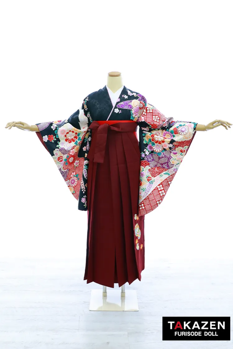 taka　簡単着付け袴110cm 髪飾り2個 　ブーツ 格安正統派古典袴ネットレンタル 黒/赤 牡丹柄/和柄 大人っぽい きれい