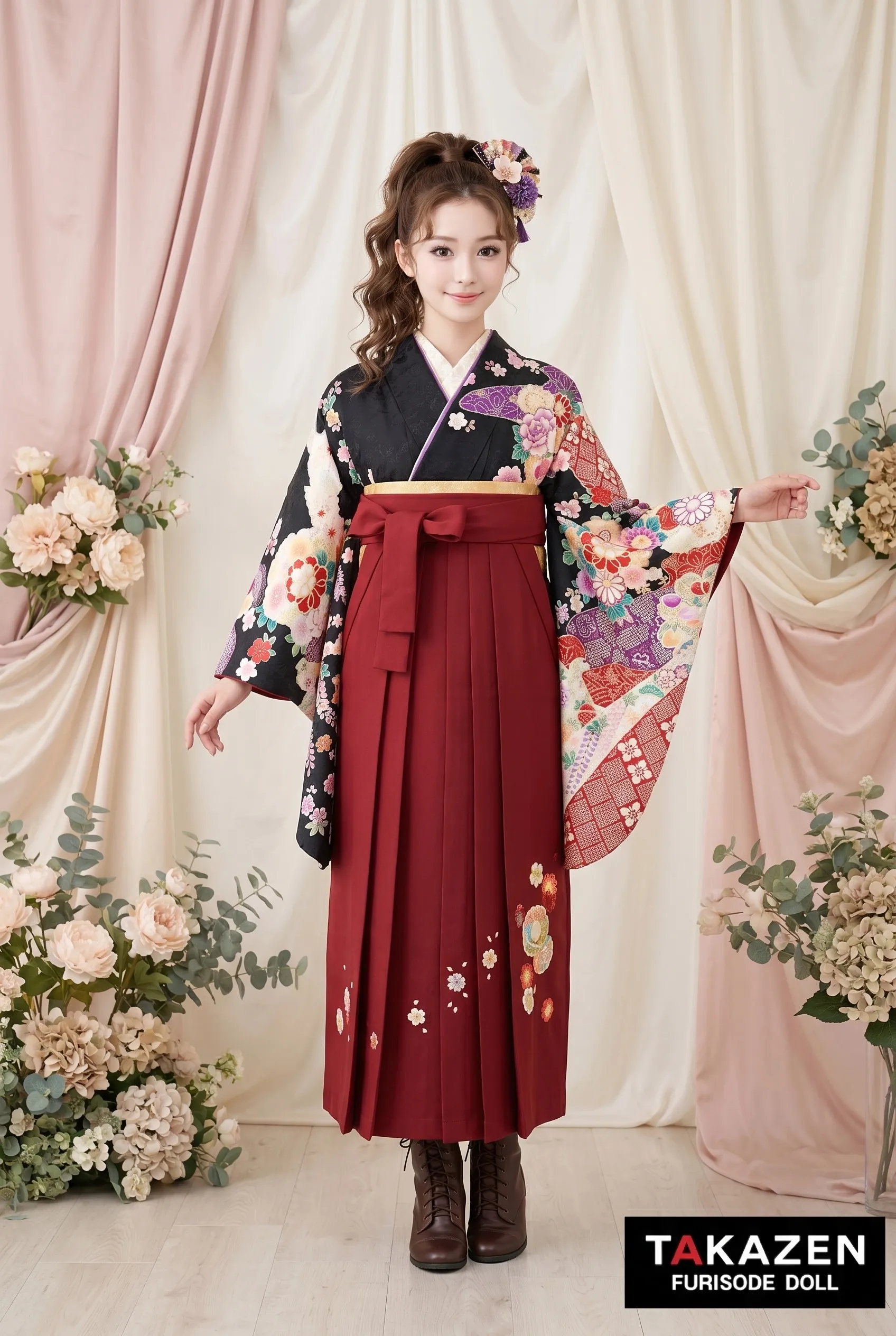 diving♡最終お値下げ　美品　袴用　正絹　紅型風小紋　袖丈　68㎝ 格安正統派古典袴ネットレンタル 黒/赤 牡丹柄/和柄 大人っぽい きれい