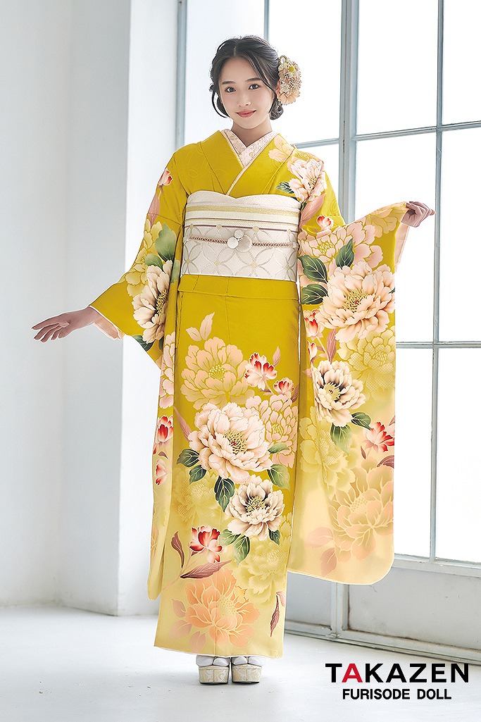 正統派古典　黄色/からし色　ボタン柄　華やか　ビビットカラー　珍しい　かわいい　ワントーンコーデ振袖ネットレンタル　K770