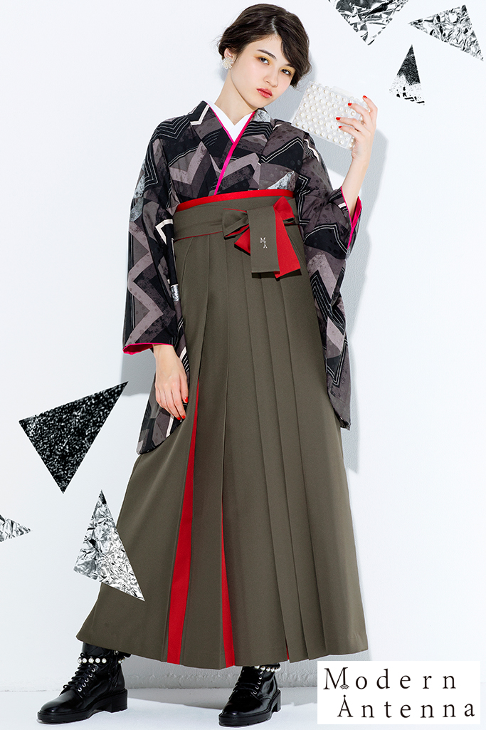 卒業式袴レンタル 人気着物 通販レンタル 大人っぽいモダンアンテナ 個性的幾何学模様 黒 グレー R 全国対応 振袖レンタルならフリソデドール 成人式振り袖 卒業式袴レンタルno 1