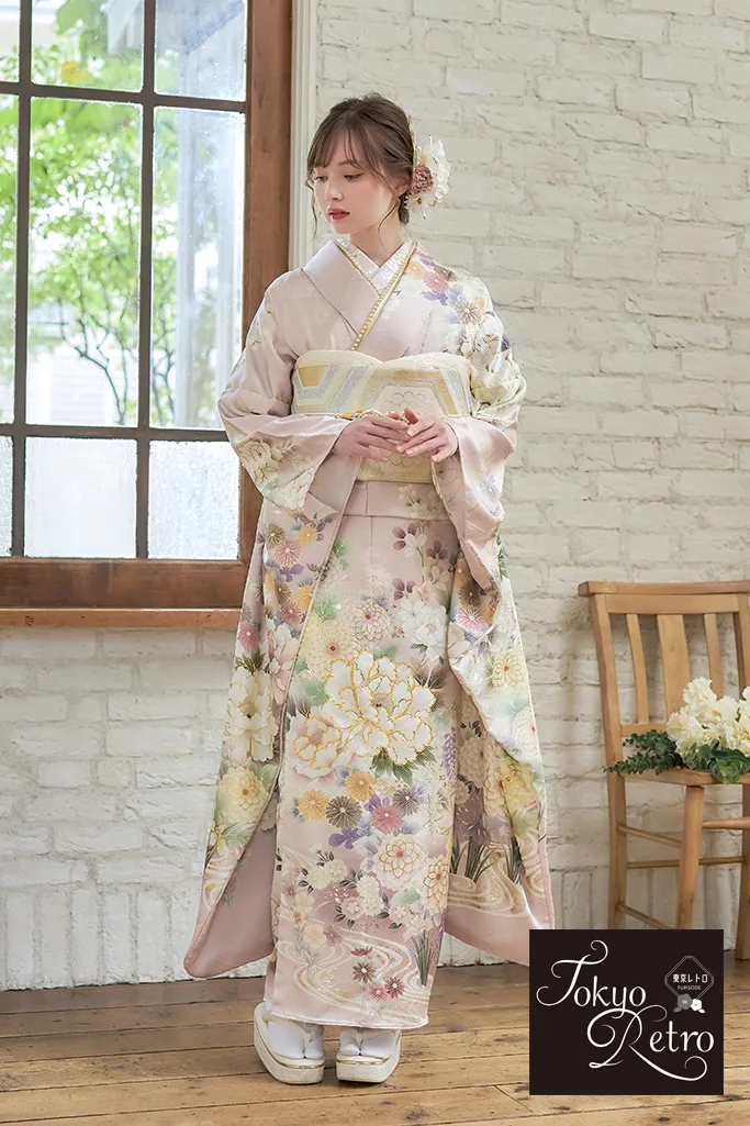 東京レトロ振袖ネットレンタル　ピンク/淡い色　牡丹柄/流水模様　かわいい振袖　人気　上品　古典柄　マーシュ彩　K1236