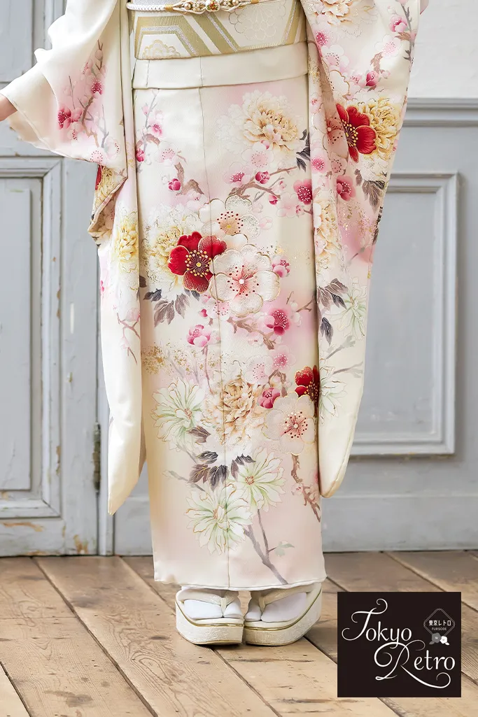 東京レトロ振袖ネットレンタル　ピンク/淡い色　牡丹柄/流水模様　かわいい振袖　人気　上品　古典柄　マーシュ彩　K1236