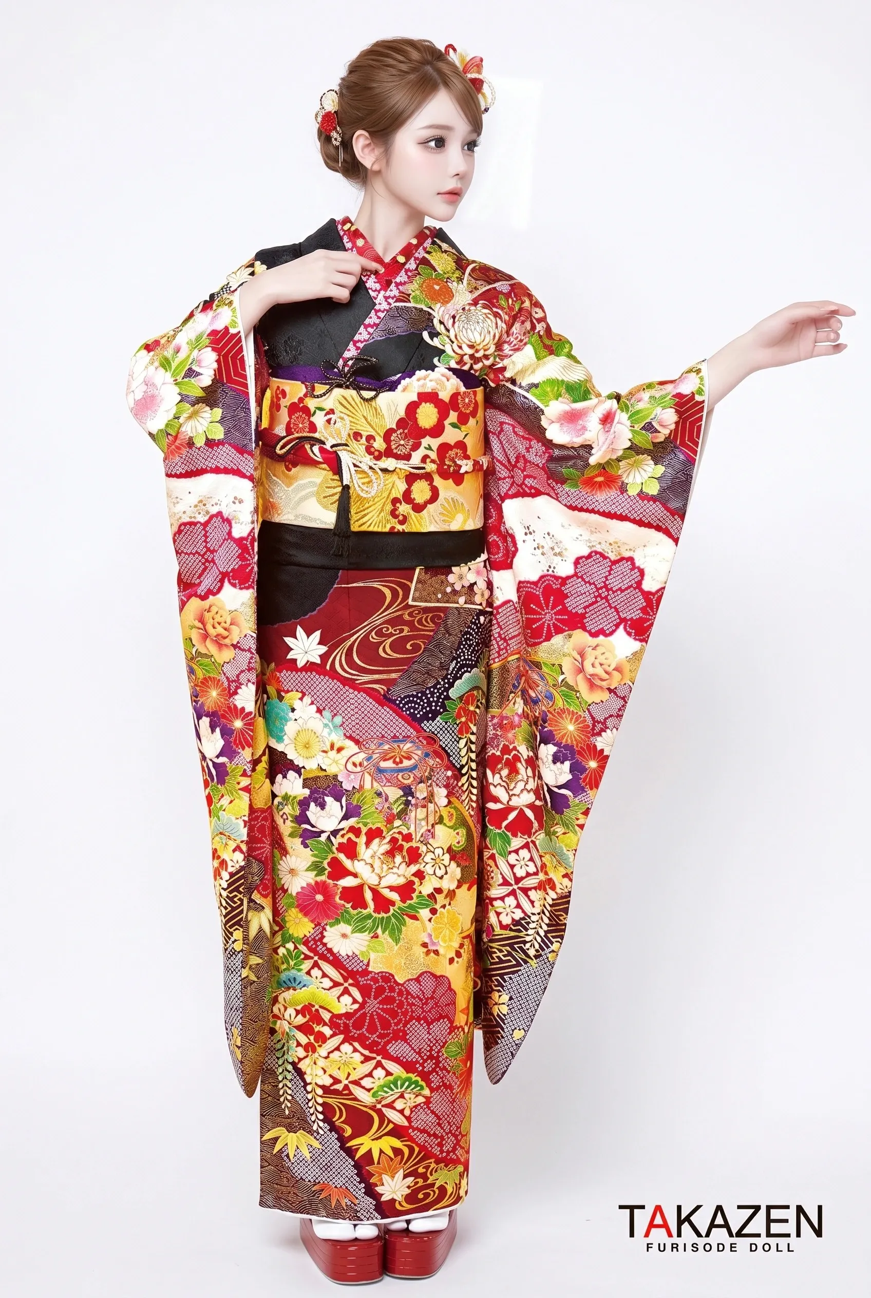 正統派古典　黒/赤/ゴールド(金色)　牡丹柄/絞り柄　大人っぽい　豪華　高級古典振袖ネットレンタル　かっこいい　黒地　　21018