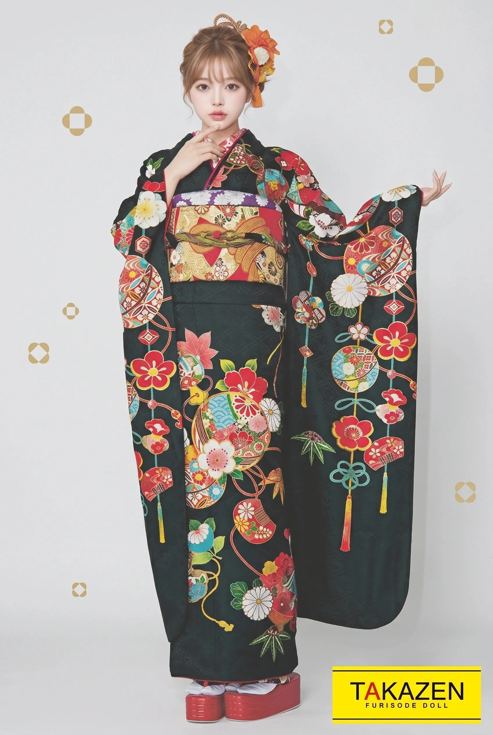 ★専用★美品 振袖 黒 京友禅 黒 金駒刺 糸巻 絵巻 鞠 桜 身丈156cm 正統派古典 黒/オレンジ 毬柄 シンプル 大人っぽい古典振袖ネット