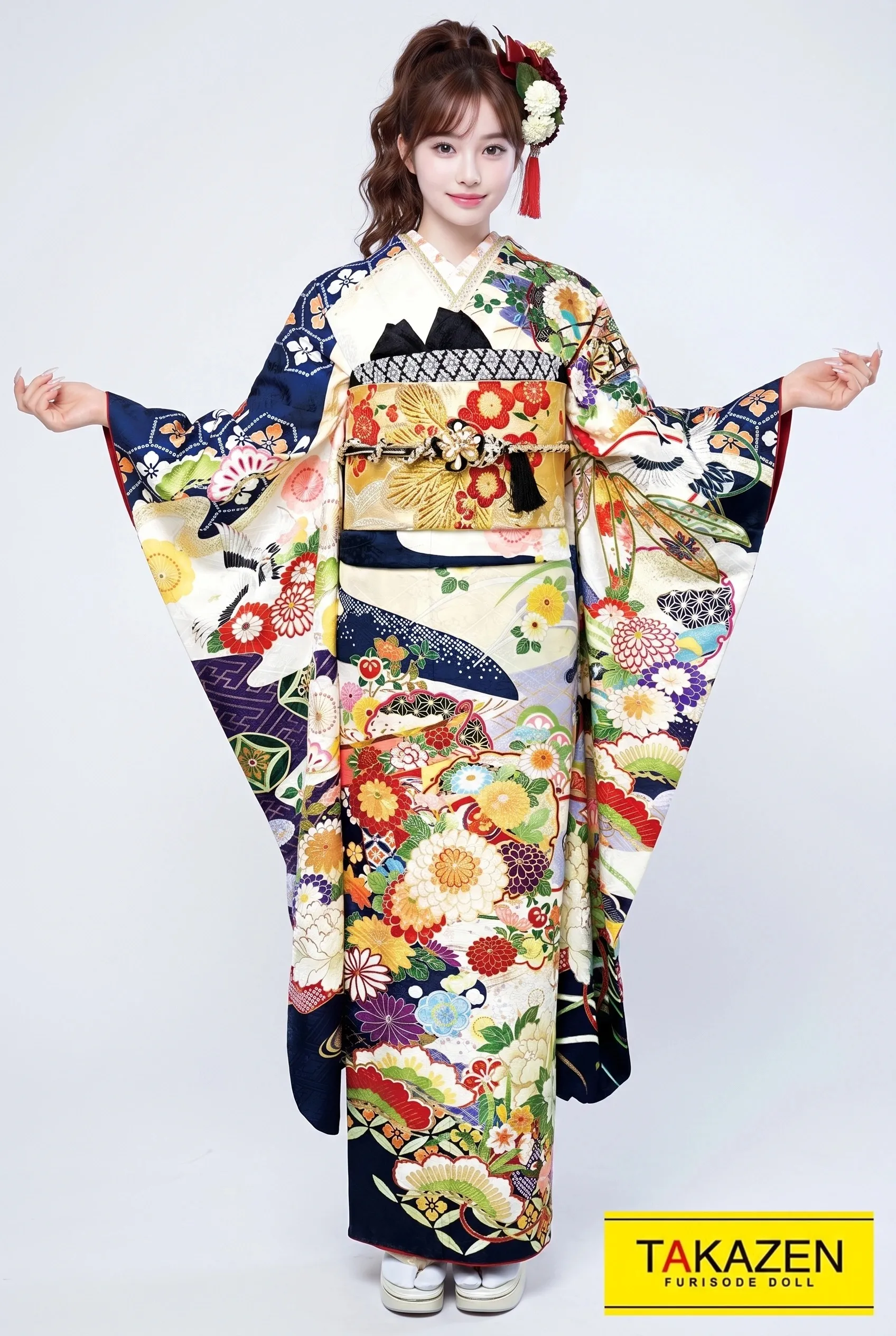 正統派古典　白/紺(ブルー)/ネイビー　菊柄　大人っぽい　綺麗古典振袖ネットレンタル　清楚　エレガント　21023