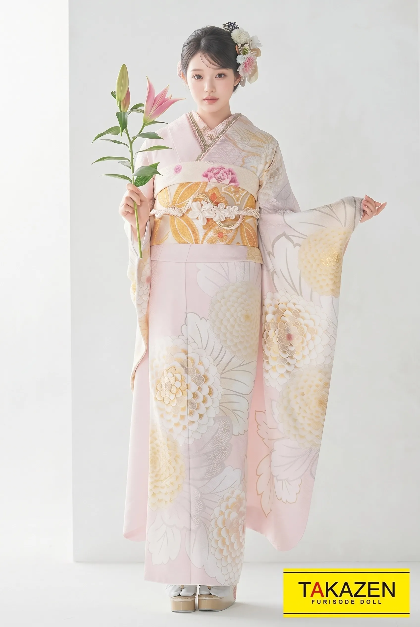 正統派古典 白/薄ピンク/薄い色/淡色 菊柄/大柄 かわいい古典柄振袖